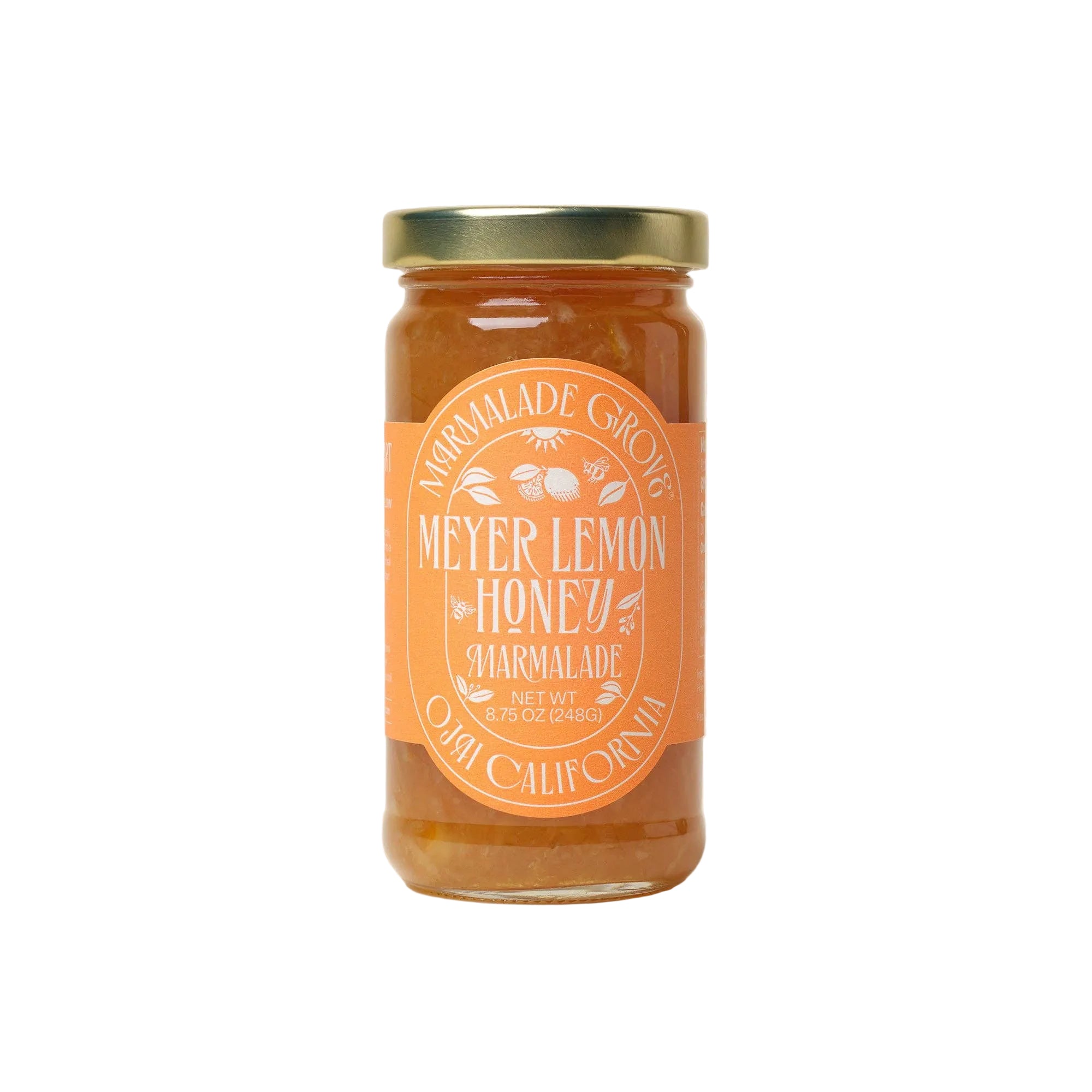 Jar of Meyer Lemon Honey Marmalade with a label on a white background from Marmalade Grove in Ojai, California.