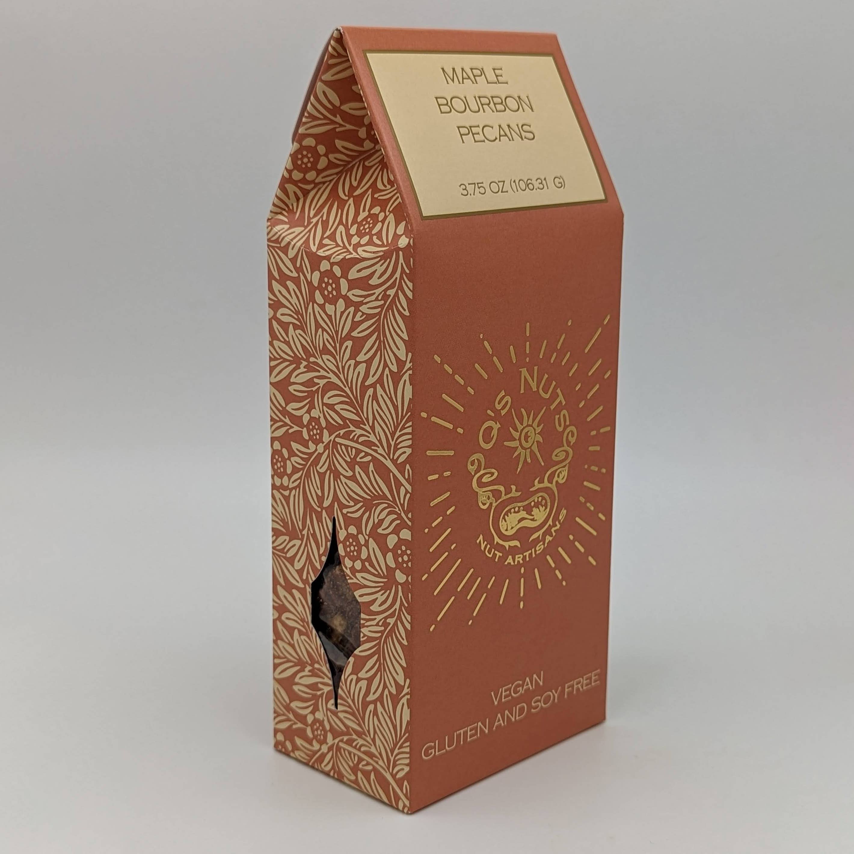 Maple Bourbon Pecans from Q's Nuts, LLC, showing glazed pecans coated with maple and bourbon flavor, perfect for snack enjoyment.