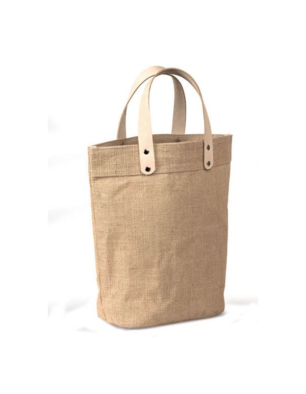 Natural jute tote bag by Poppins & Post with sturdy handles, ideal for events and casual use.