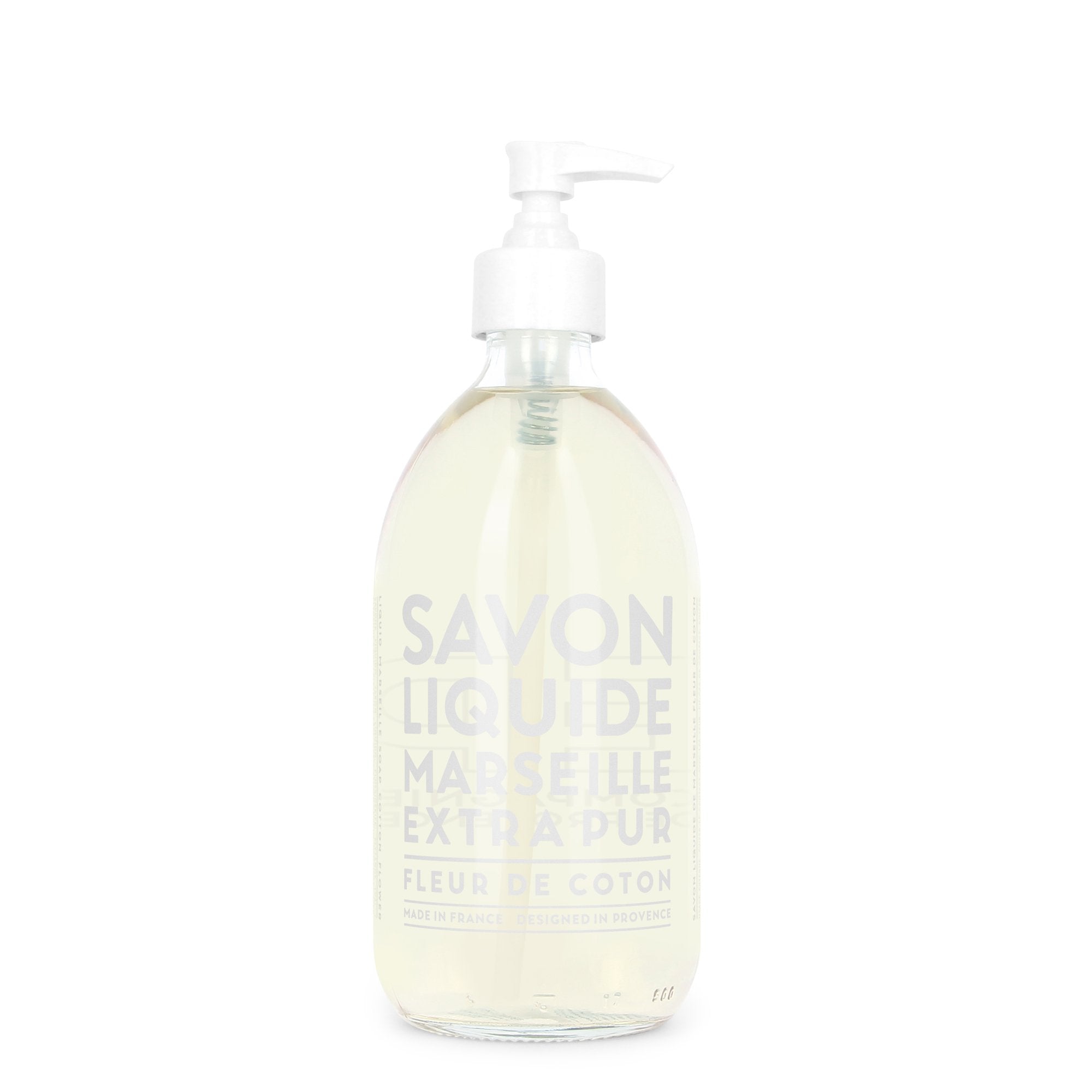 Liquid Marseille hand soap with cotton flower scent from COMPAGNIE DE PROVENCE, showing a clear bottle with white soap and floral label